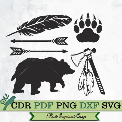 Native american svg bear feathers split arrow tomahawk tribal clipart indian animal designs western PostScriptum Scrap