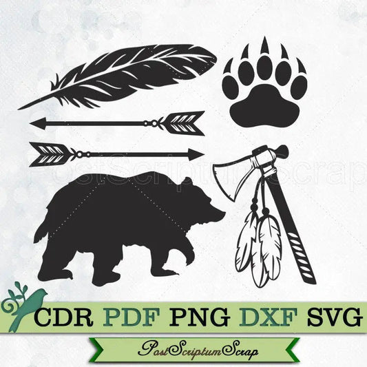 Native american svg bear feathers split arrow tomahawk tribal clipart indian animal designs western PostScriptum Scrap